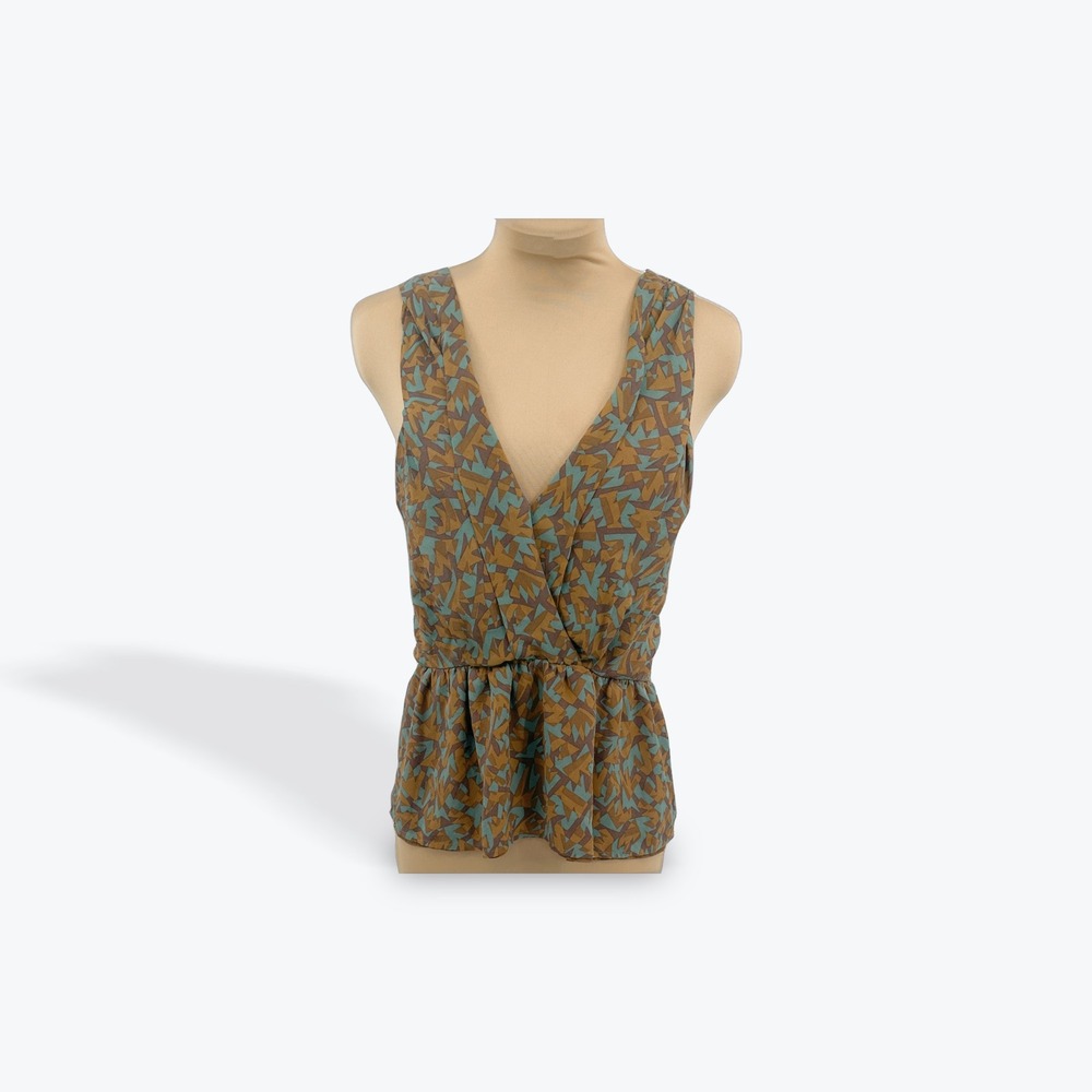 7 For All Mankind Silk Blend Peplum Top Sleeveless‎ XS Bronze Blue Print